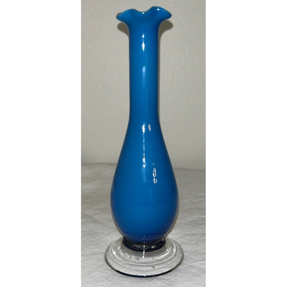 Vintage Turquoise Blue Cased Art Glass Ruffled Edge Bud Vase 7.5" Hand Blown